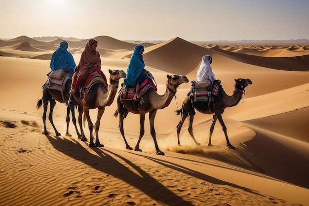 Foto caravana atravessando as dunas do deserto