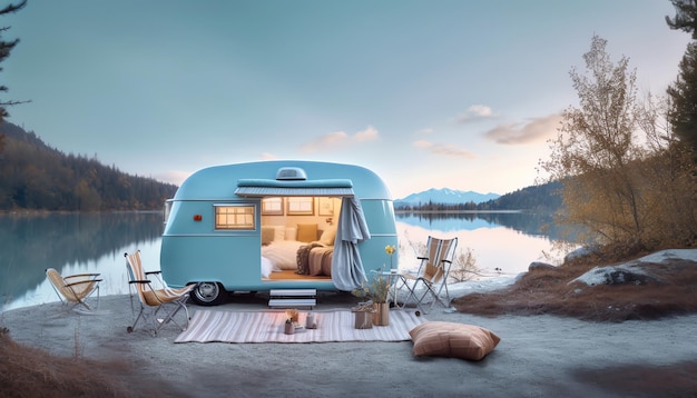 Una caravana azul con una cama en primer plano y una montaña al fondo.