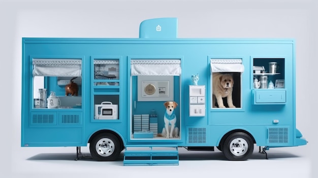 Una caravana azul con un perro dentro.