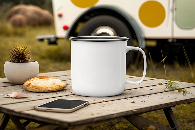 Una caravana blanca con una taza blanca y un pan tostado sobre la mesa