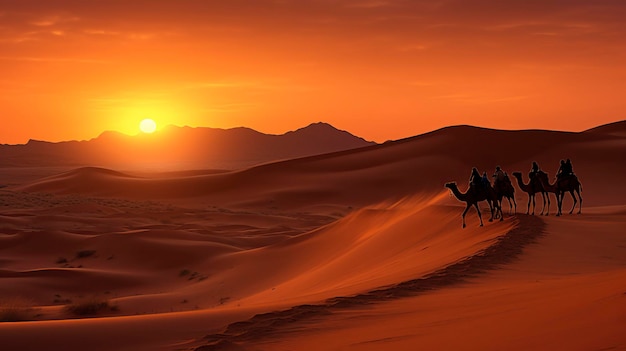 Caravana de camellos cruza el desierto del Sáhara entre la arena y las dunas al atardecer