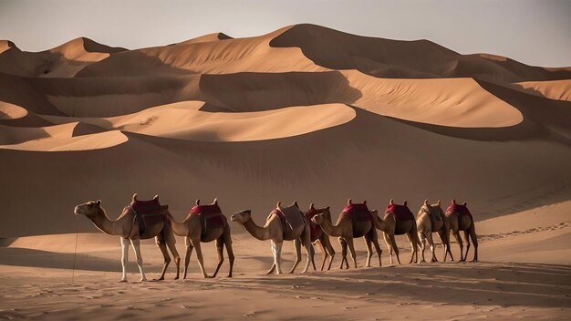 Foto caravana de camellos en un desierto en xinjiang, china