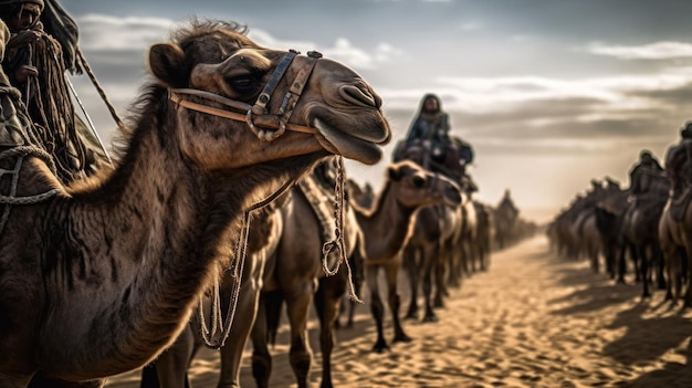 Foto caravana de camellos en el desierto