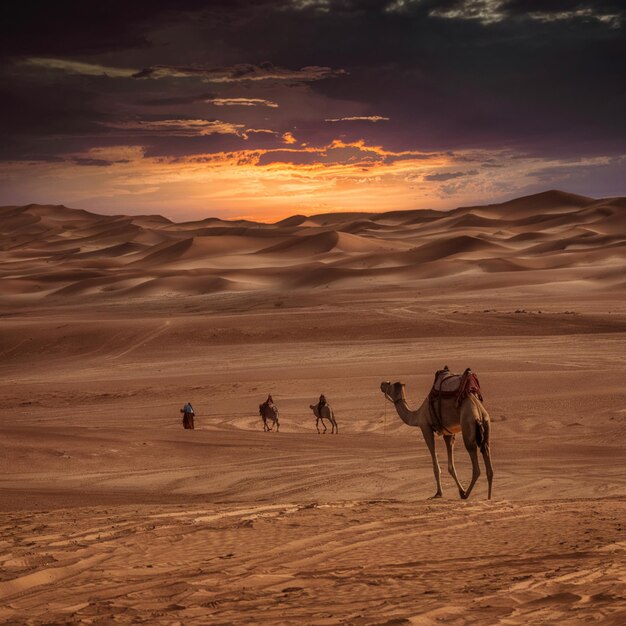 caravana de camellos pasando por el desierto con una puesta de sol en el fondo