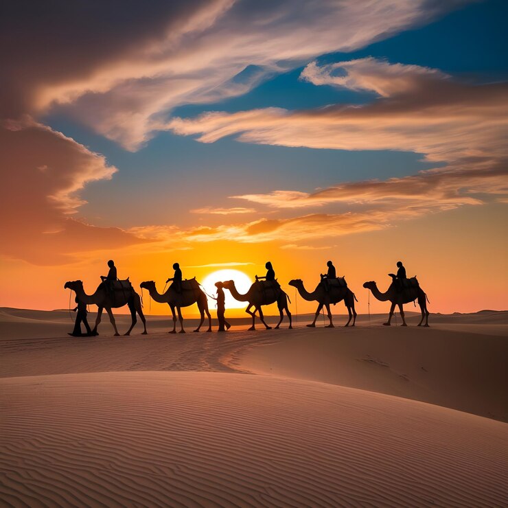 caravana de camellos pasando por el desierto con una puesta de sol en el fondo