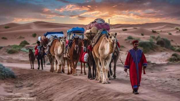 Foto caravana caminando en el desierto del merzouga sahara en marruecos