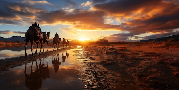 Caravana de camelos ao pôr do sol Generative AI