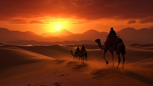 Caravana de camelos atravessa o deserto do Saara entre a areia e as dunas ao pôr do sol