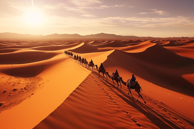 Caravana de camelos atravessando as dunas de areia no deserto do saara ao pôr-do-sol marrocos generativo ai