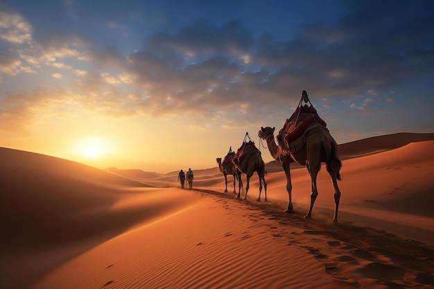 Caravana de camelos do deserto árabe Uma bela paisagem