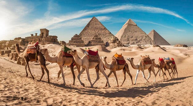 Foto caravana de camelos e as pirâmides de giza, no egito