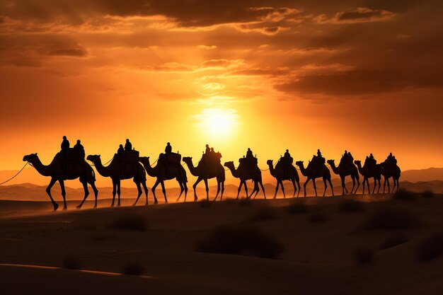 Caravana de camelos no deserto do Saara ao pôr do sol Generative ai