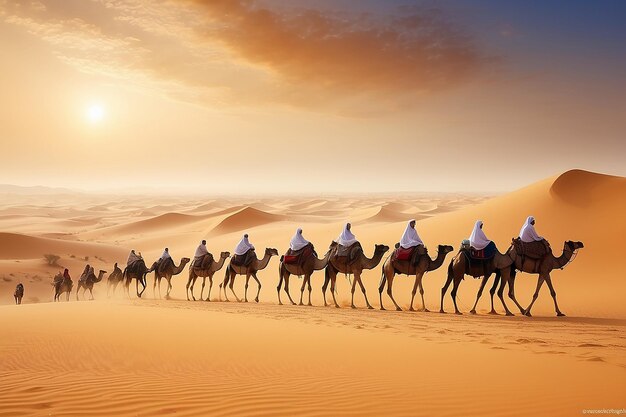 Foto caravana de camelos vecor no deserto