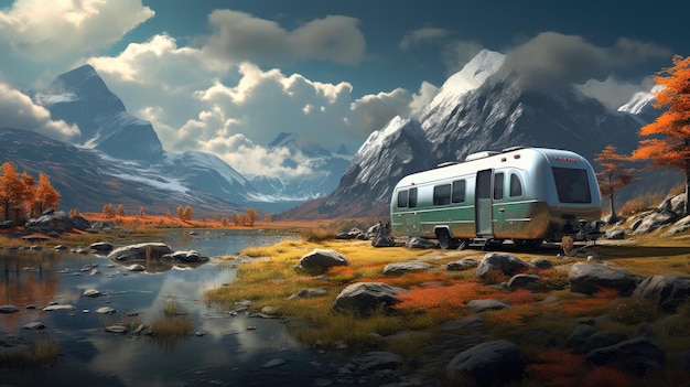 Foto caravana moderna em um caminho com belas paisagens de paisagem conceito de viagem