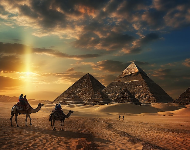 Caravana no deserto com as pirâmides de Giza ao fundo
