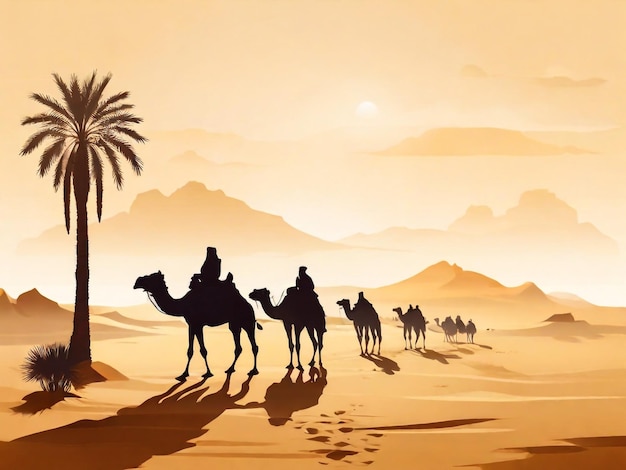Caravana no fundo do deserto pessoas árabes e camelos silhuetas nas areias caravana com camelos camelcade silhueta viagem para a ilustração do deserto de areia