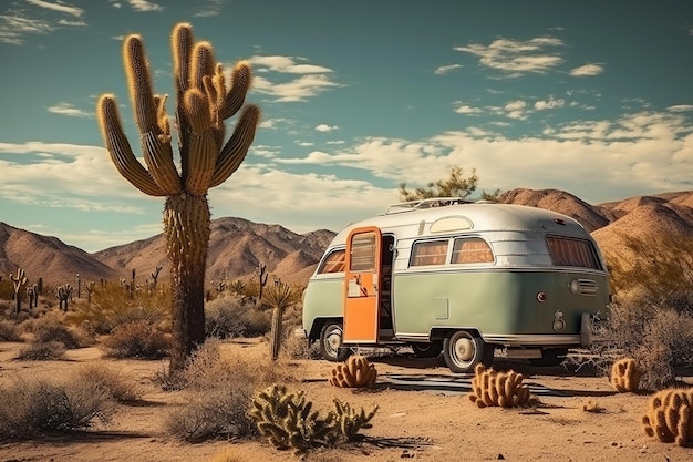 Caravana retro abandonada en el desierto generativa por Ai