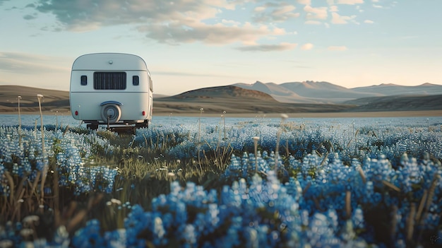 Caravana vintage estacionada en un campo en flor al anochecer viaje de campamento pacífico aventura en la naturaleza tranquila vista panorámica estilo de vida de viaje IA