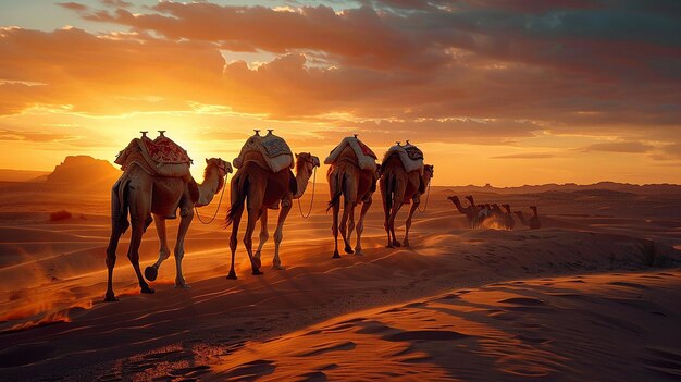 Foto caravanas de camelos no deserto viajando nas areias iluminadas pelo sol