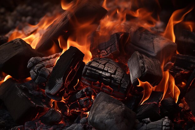 Foto carbón de indulgencia ardiente para barbacoa con fondo de llamas de alta calidad