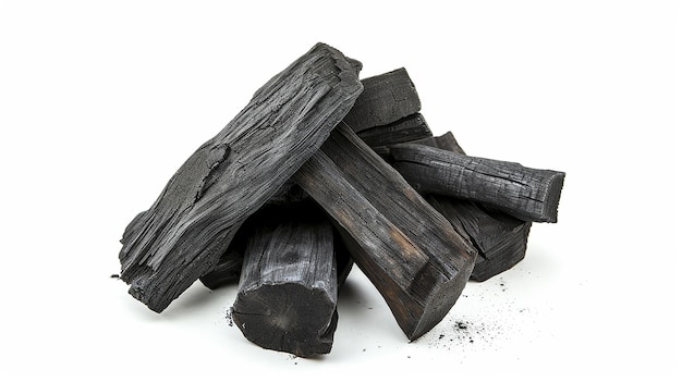 Foto carbón de madera natural aislado sobre un fondo blanco