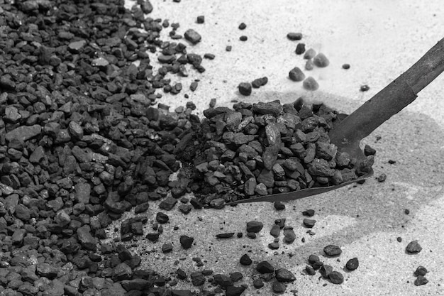 Foto carbón negro en una pala contra el fondo montones de carbón negro crisis energética enfoque suave