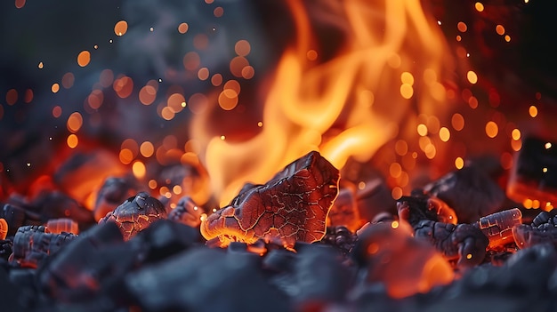 Foto carbones calientes anaranjados y amarillos brillantes con brasas rojas brillantes y partículas de ceniza flotantes perfectos para una acogedora chimenea doméstica o una hoguera de verano