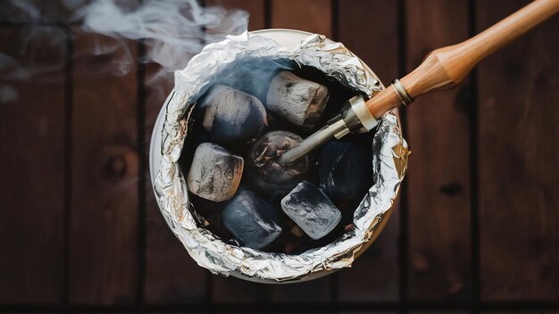 Foto carbones calientes en papel de aluminio en un tazón de tabaco de narguile para fumar