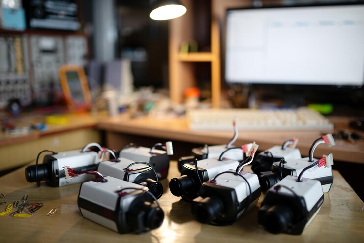 Foto carcasas de plástico para dispositivos electrónicos con cables y conectores usb para monitores tft en la mesa en el taller de la planta de producción extreme closeup
