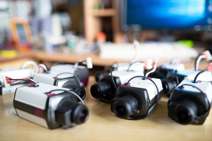 Foto carcasas de plástico para dispositivos electrónicos con cables y conectores usb para monitores tft en la mesa en el taller de la planta de producción extreme closeup