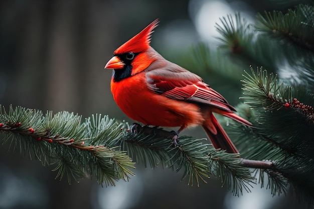 Cardenal en la rama del pino