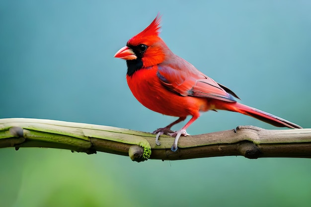 Un cardenal rojo se sienta en una rama con un fondo verde.