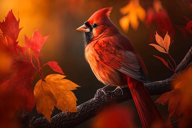 Un cardenal rojo se sienta en una rama frente a las hojas de otoño.