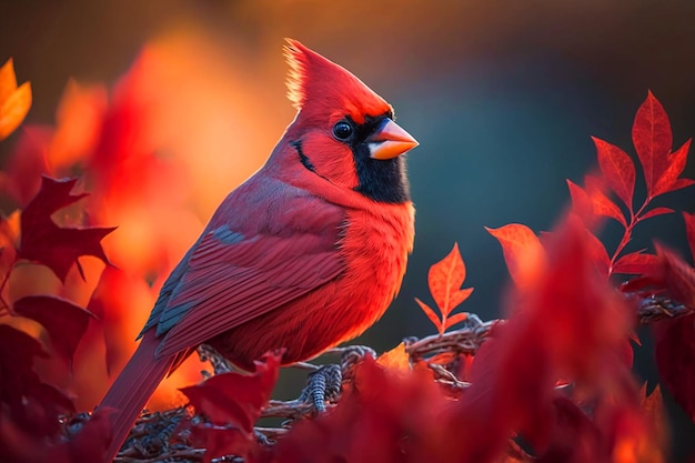 Un cardenal se sienta en una rama con hojas rojas en el fondo.