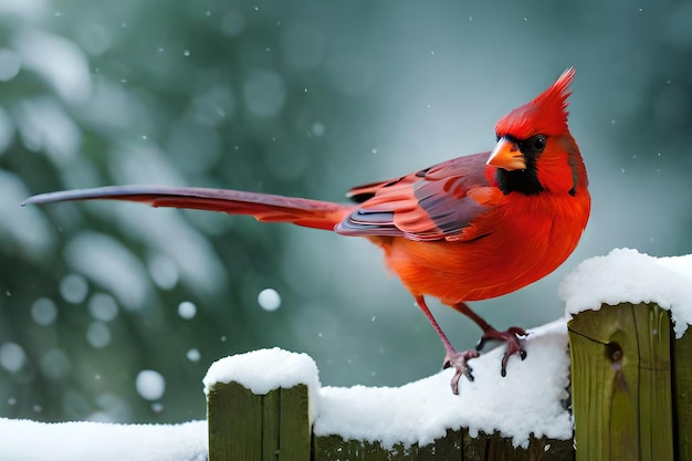 Un cardenal se para en una valla cubierta de nieve.