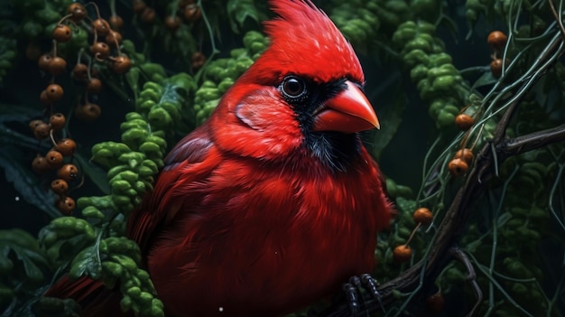 Un cardenal vibrante posado en una rama en el bosque generado por la inteligencia artificial