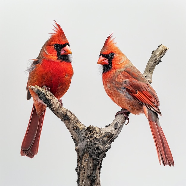 Cardenales encaramados en una alta rama de un árbol