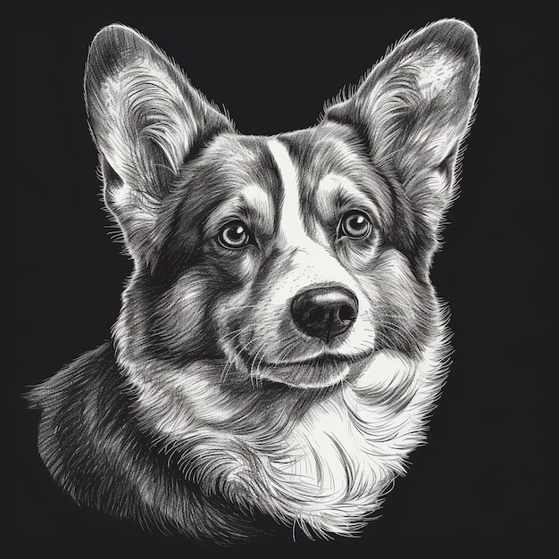 Cardigan Welsch Corgi-Gravur-Stil Nahaufnahme Porträt Schwarz-Weiß-Zeichnung niedlicher Hund