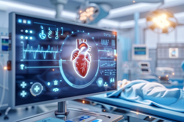 Foto cardiograma cardíaco 3d corazón sano monitoreo del corazón en la sala de operaciones