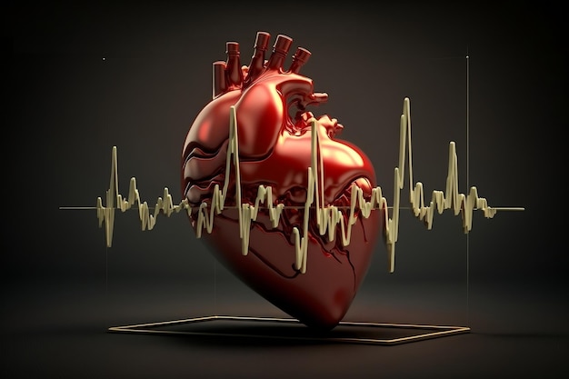 Un cardiograma de un corazón rojo representado en 3D AI
