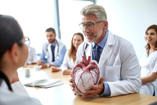 Un cardiólogo sonriente sostiene un modelo de corazón mientras da una conferencia a estudiantes de medicina