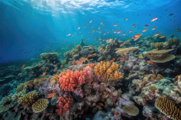 Cardume de peixes coloridos nadando entre corais no oceano criados com ai generativa