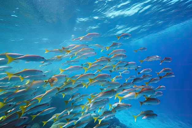 Cardume de peixes coloridos nadando no oceano azul claro criado com IA generativa