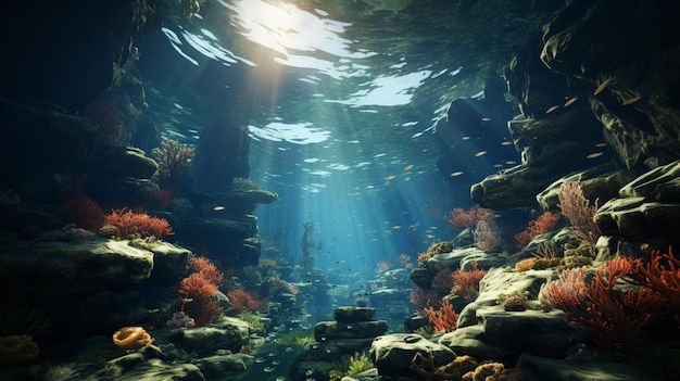 Cardume de peixes nada em majestosa paisagem subaquática sem pessoas