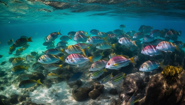 Cardume de peixes nada em recife de coral gerado por IA