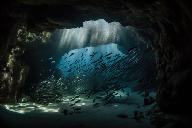 Cardume de peixes nadando através de um intrincado sistema de cavernas criado com IA generativa