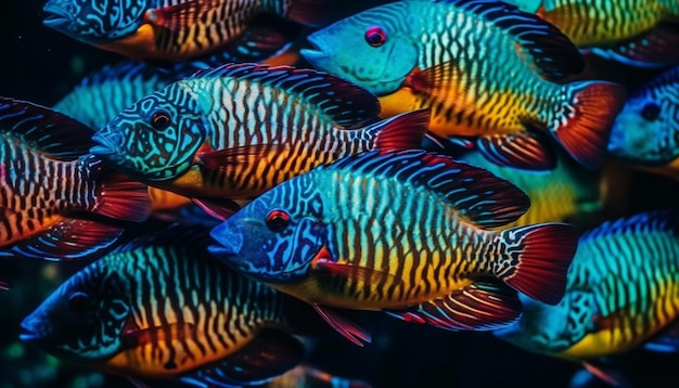 Foto cardume de peixes-palhaço listrados em fundo de recife de coral vibrante gerado por ia