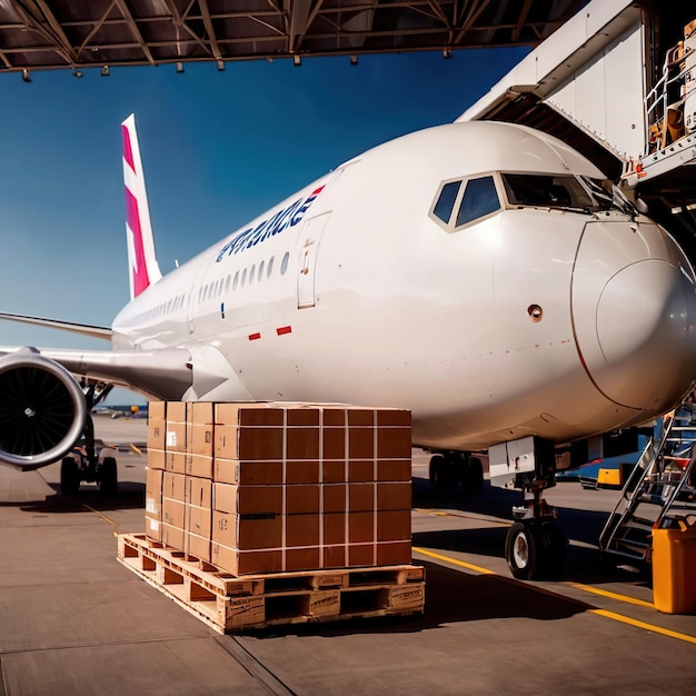 Foto carga aérea con contenedores y cajas de carga junto al avión en el aeropuerto