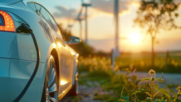 Carga de automóviles ecológicos en el atardecer rural