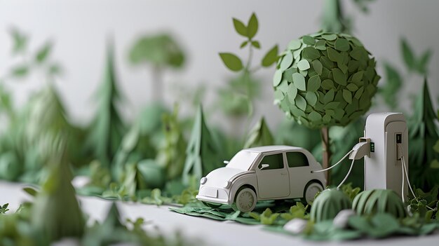 Carga de automóviles eléctricos energía verde carga en el bosque colores blancos y verdes IA generativa